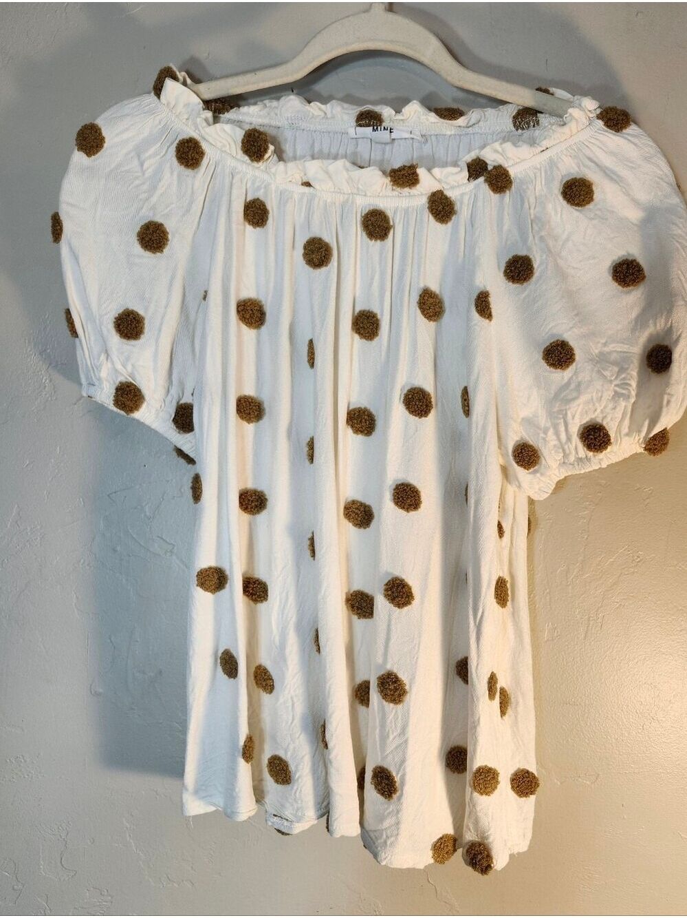 Mine White Puff Sleeve Top with Brown Pom-Dot Embellishments Off Shoulder Or Not